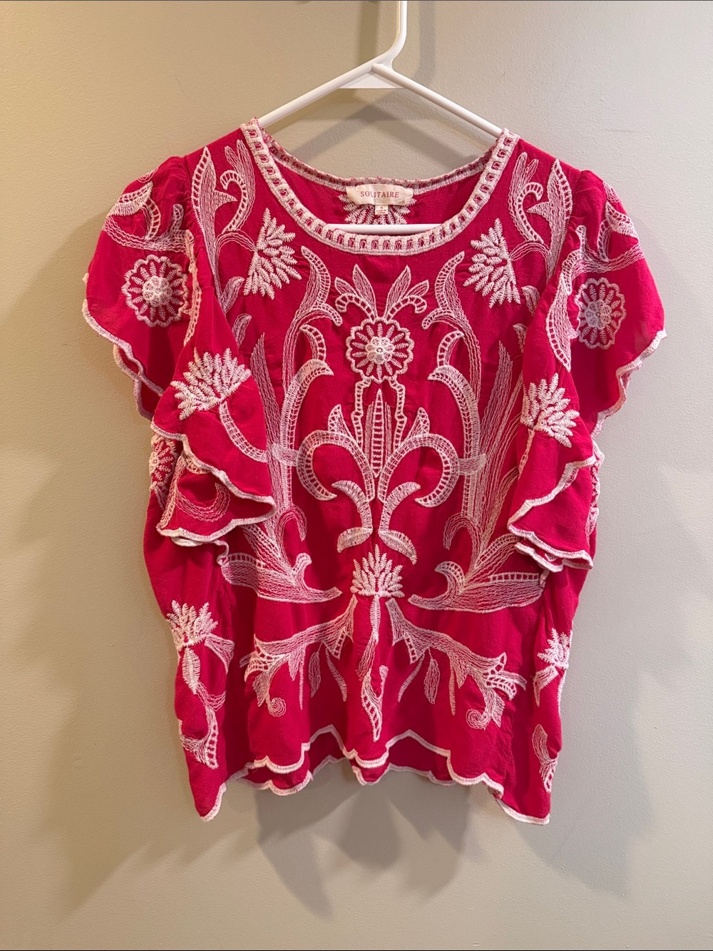 Solitaire Fuchsia Embroidered Ruffled Sleeve Tunic